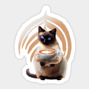 Siamese Cat Kitty Kitten Drinking Coffee, Funny Cute Sticker